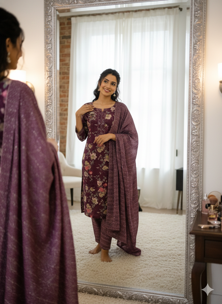 Deep Plum Handblock Floral Cotton Suit Set