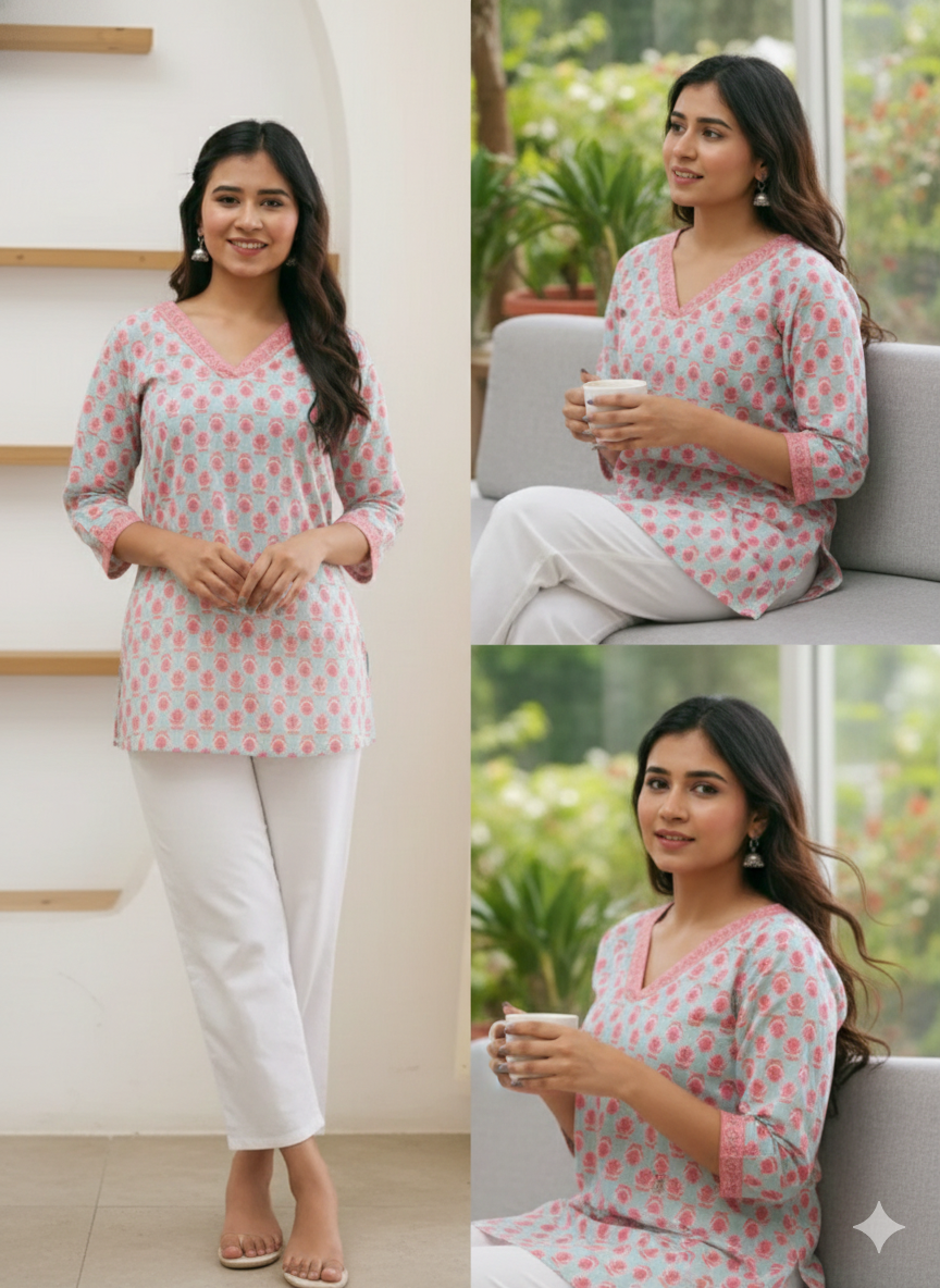 Summer Bloom Jaipuri Cotton Short Kurti