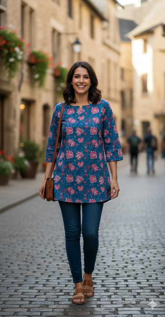 Indigo Bloom Hand-Block Printed Cotton
