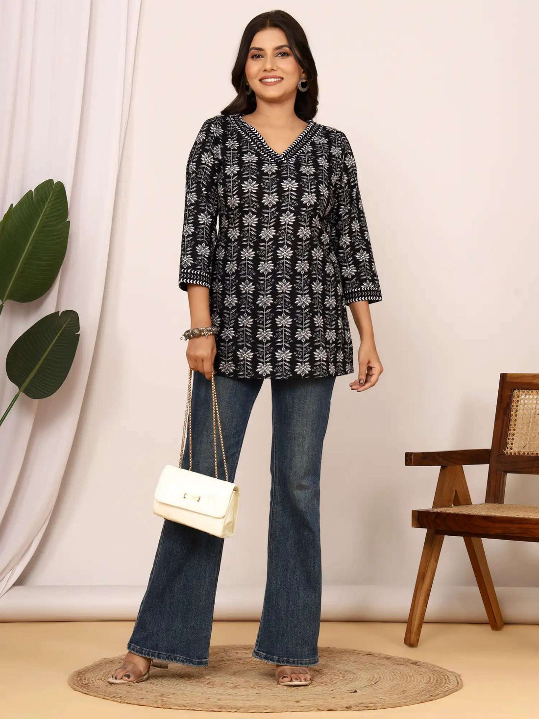 Handblock Printed Black & White Cotton Short Kurti/Tunic
