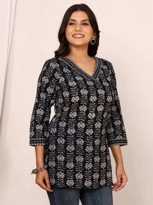 Handblock Printed Black & White Cotton Short Kurti/Tunic