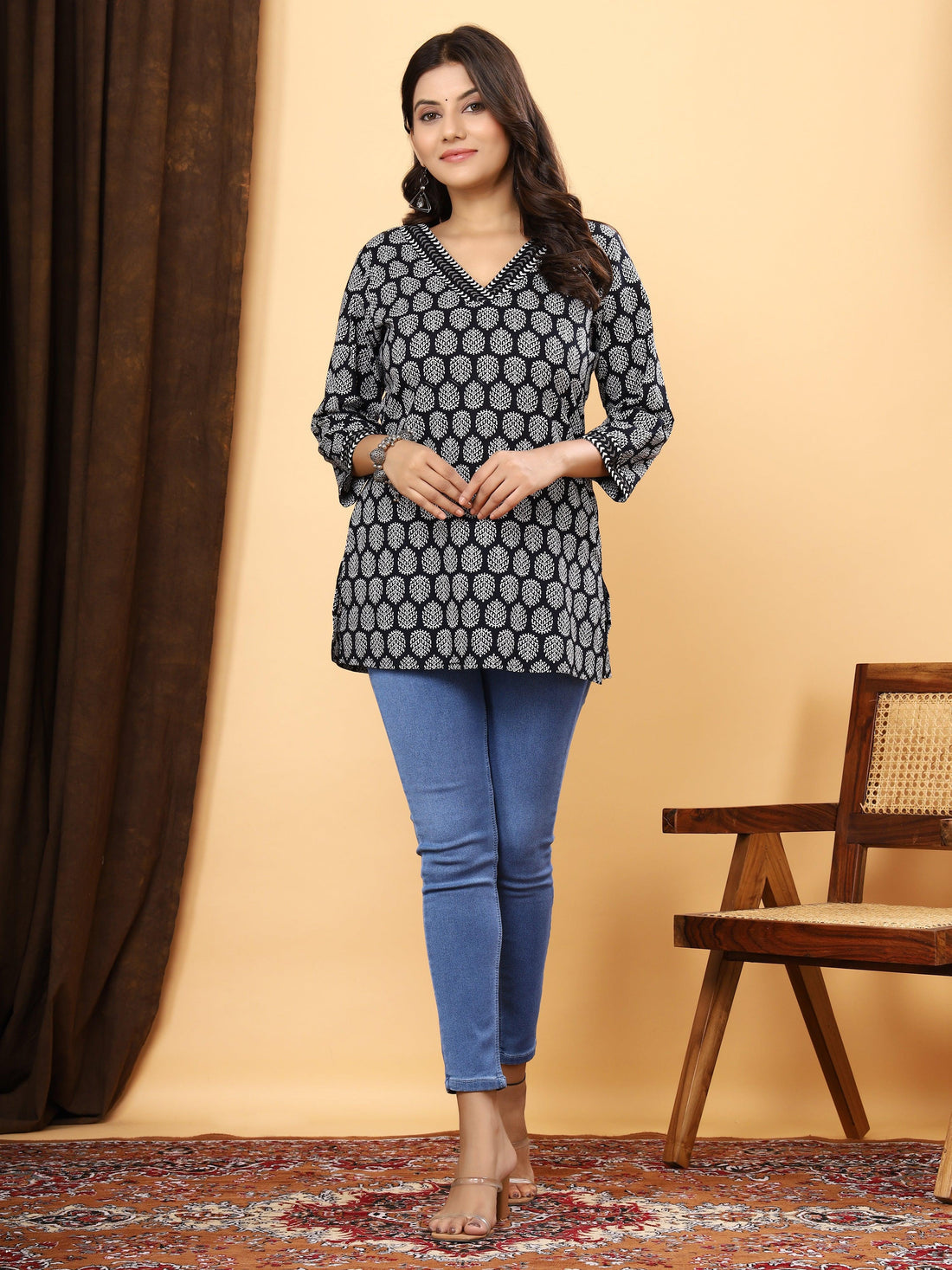 Black & White Jaipuri Handblock Print Cotton Short Kurti