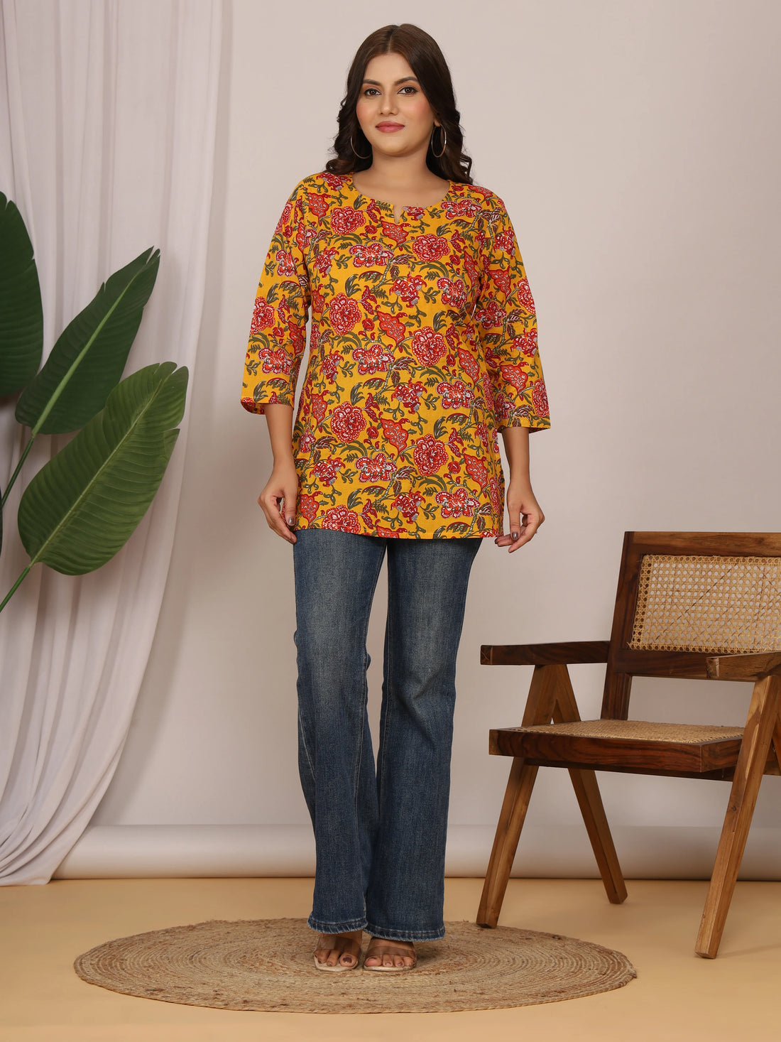 Mustard Yellow Floral Jaipuri Handblock Cotton Short Kurti