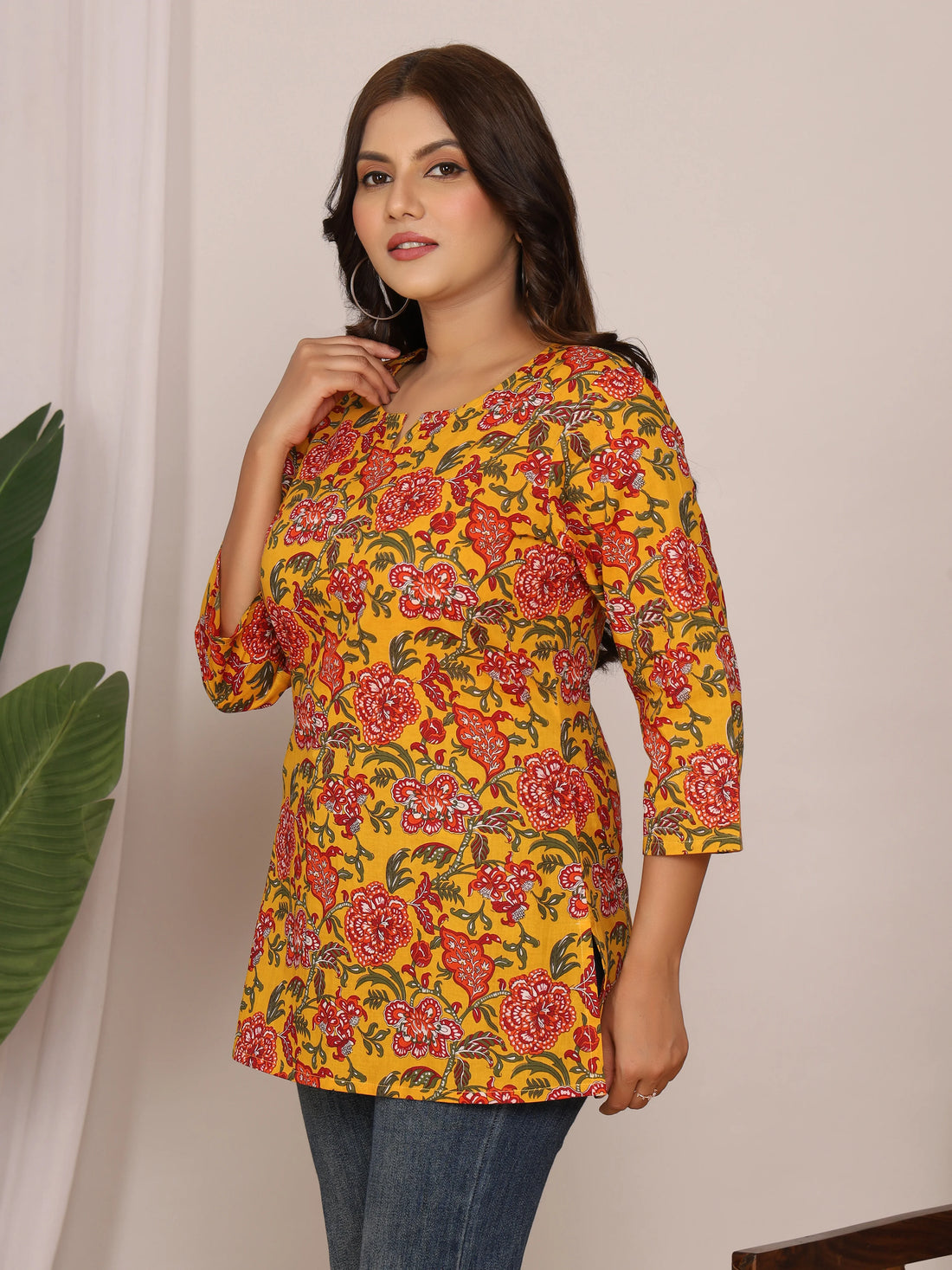 Mustard Yellow Floral Jaipuri Handblock Cotton Short Kurti