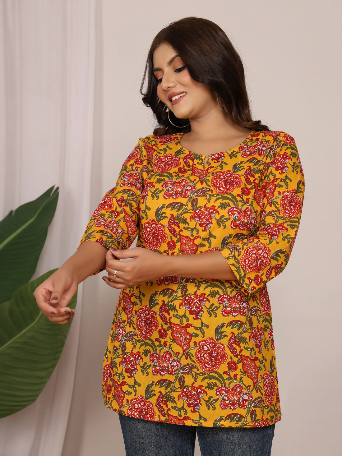 Mustard Yellow Floral Jaipuri Handblock Cotton Short Kurti