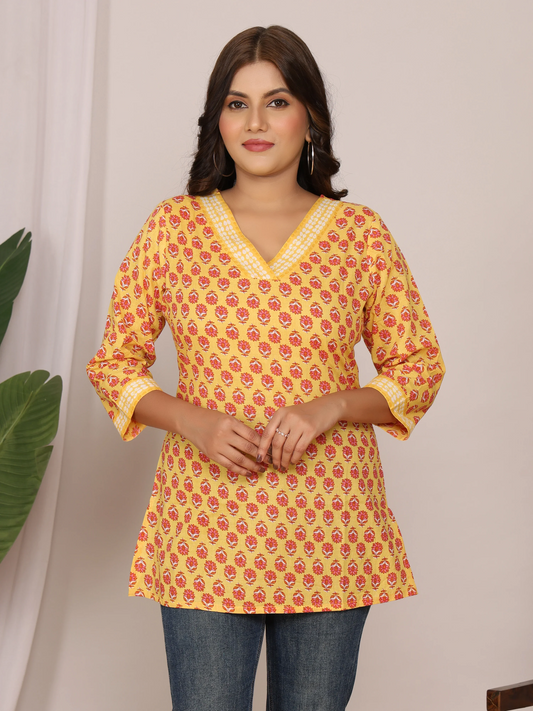 Yellow Floral Printed Cotton Short Kurti (with Lace Detailing)