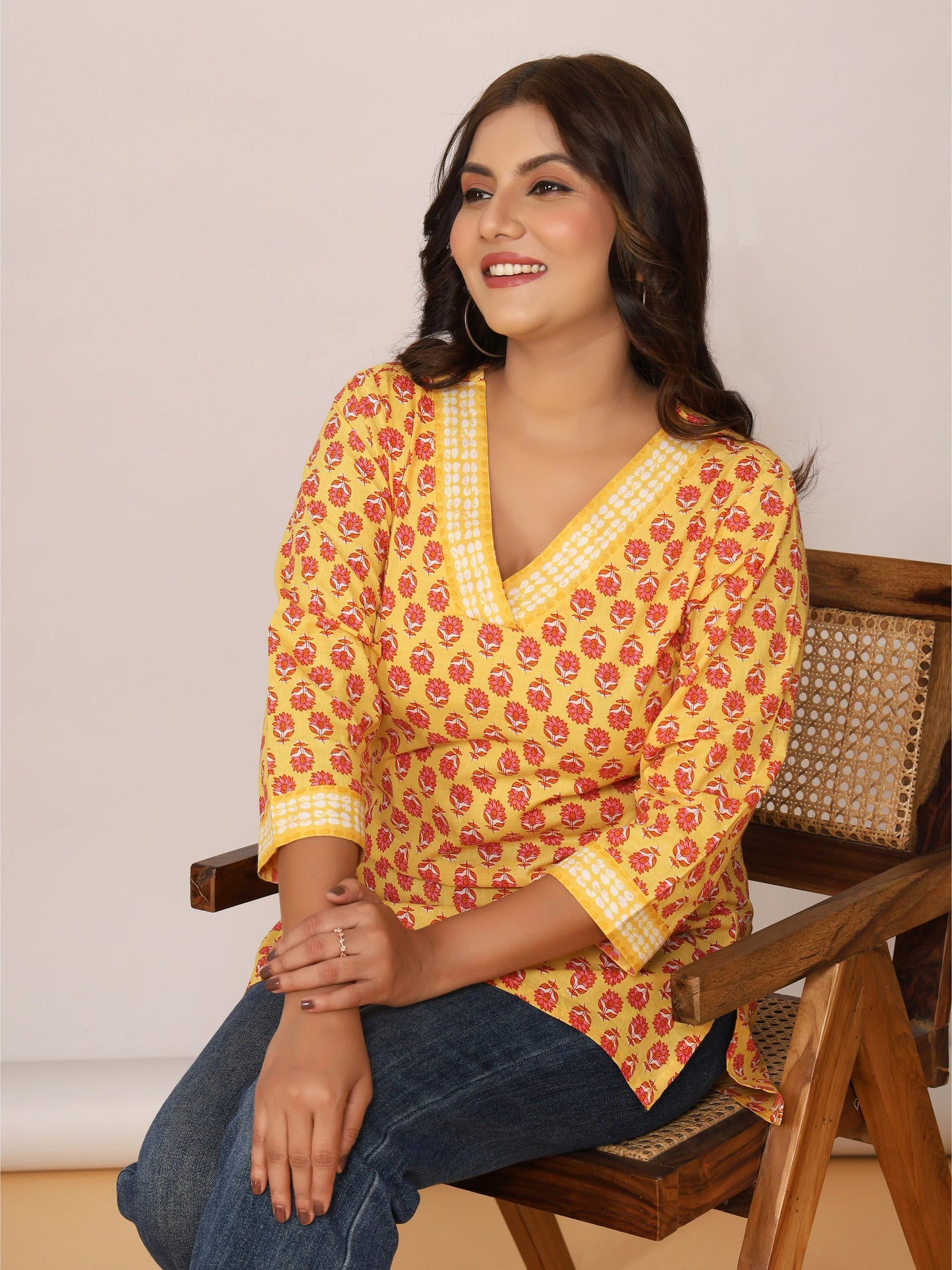 Yellow Floral Printed Cotton Short Kurti (with Lace Detailing)