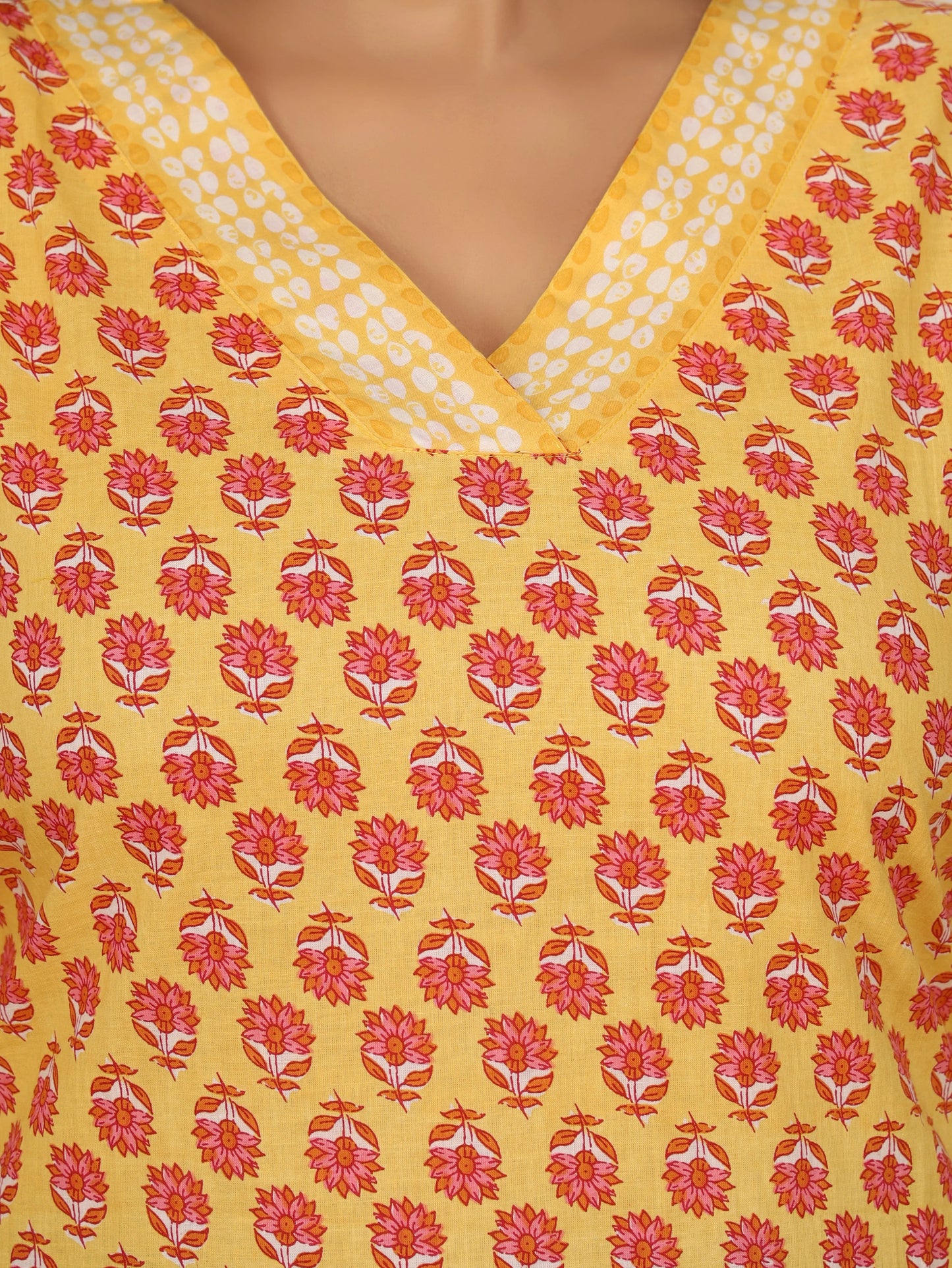 Yellow Floral Printed Cotton Short Kurti (with Lace Detailing)