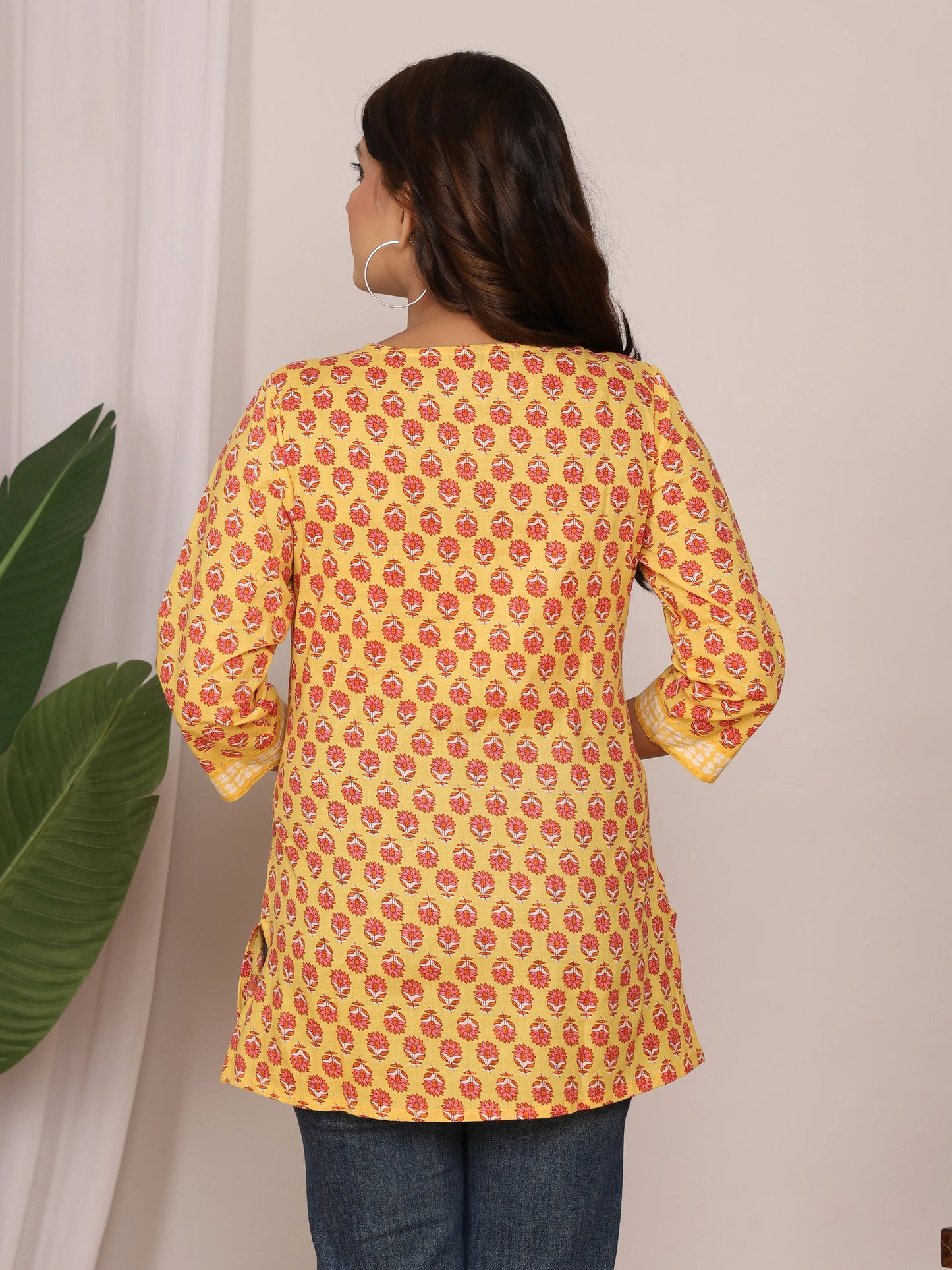 Yellow Floral Printed Cotton Short Kurti (with Lace Detailing)