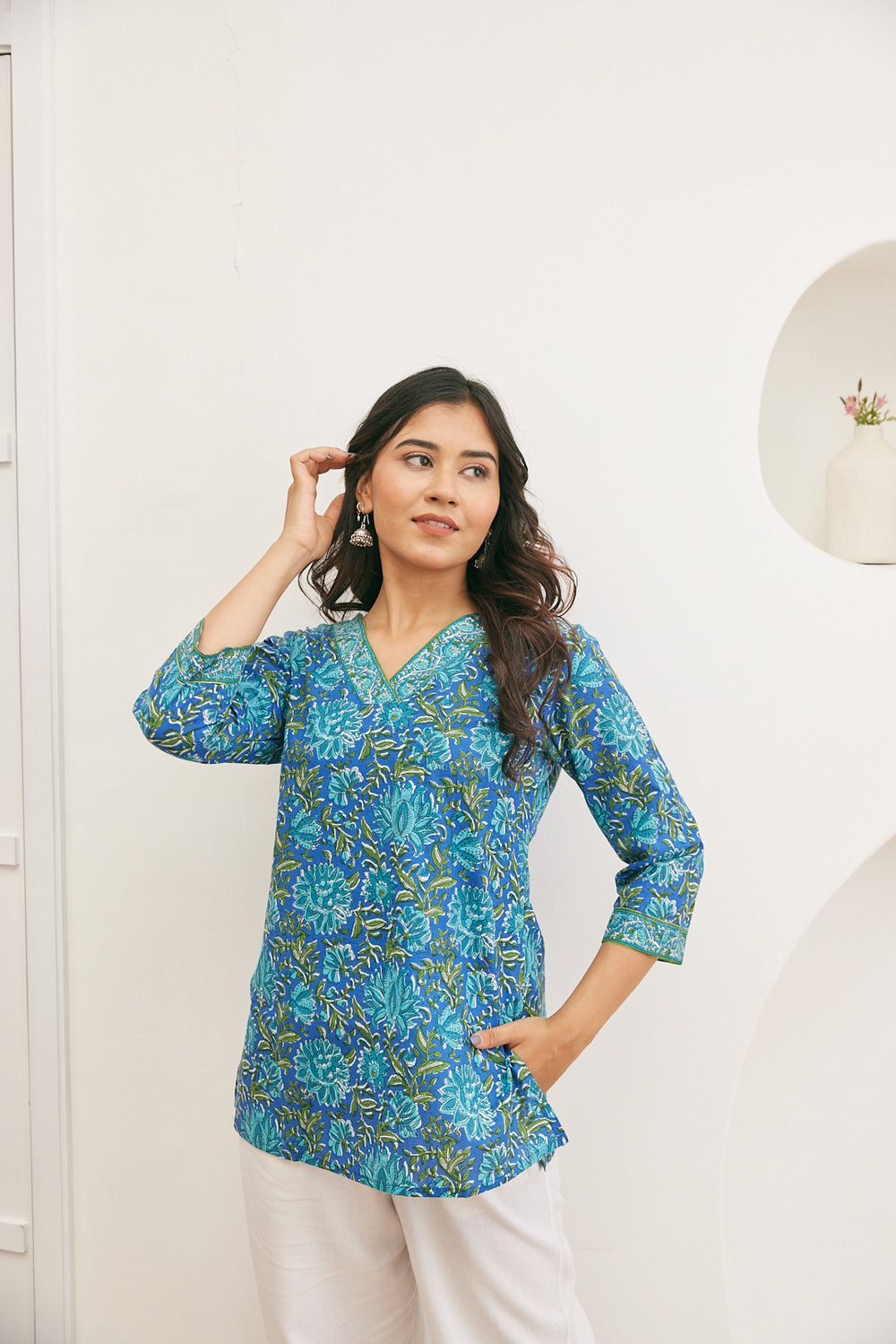 Teal Blue Floral Sanganeri Print Short Kurti