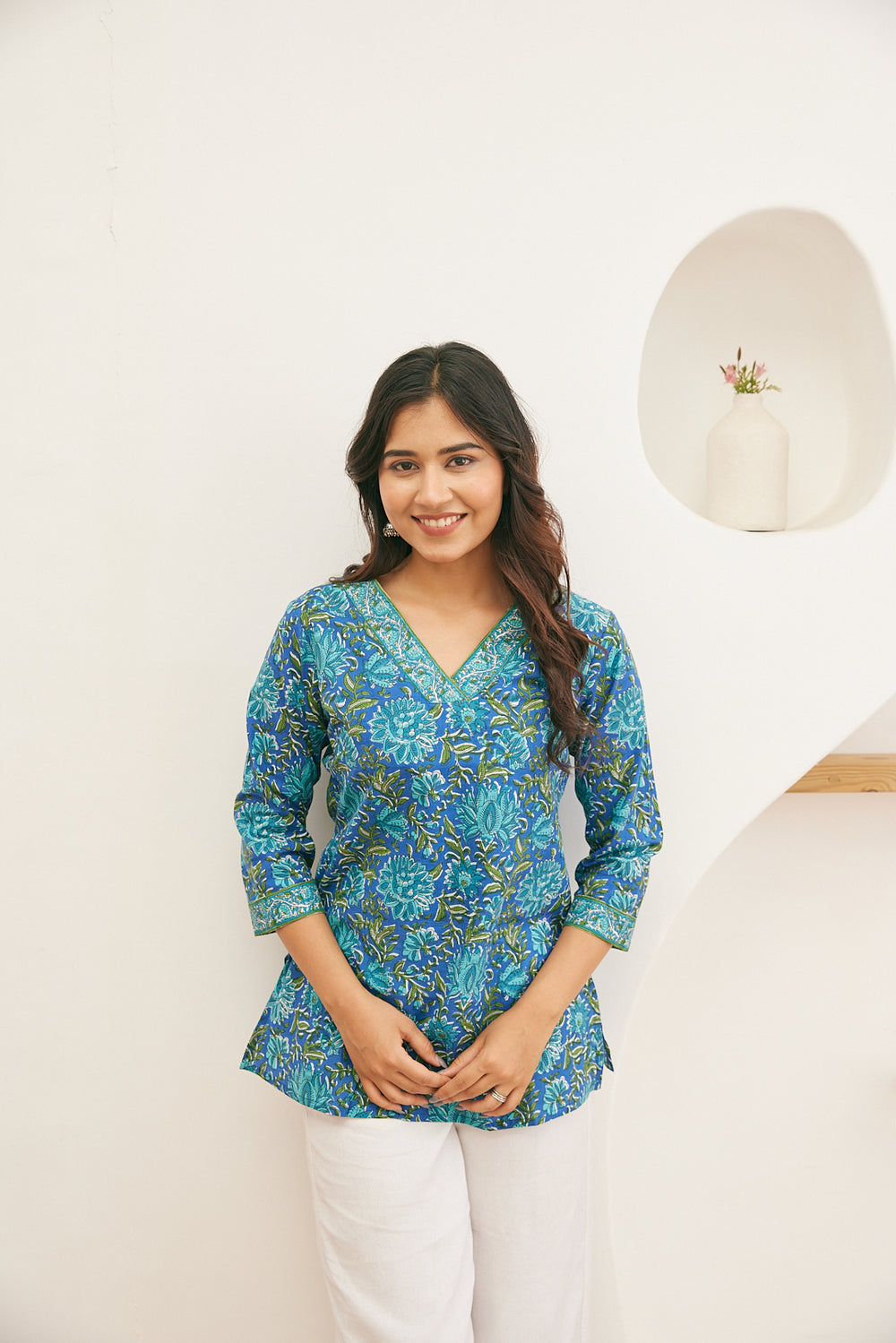 Teal Blue Floral Sanganeri Print Short Kurti