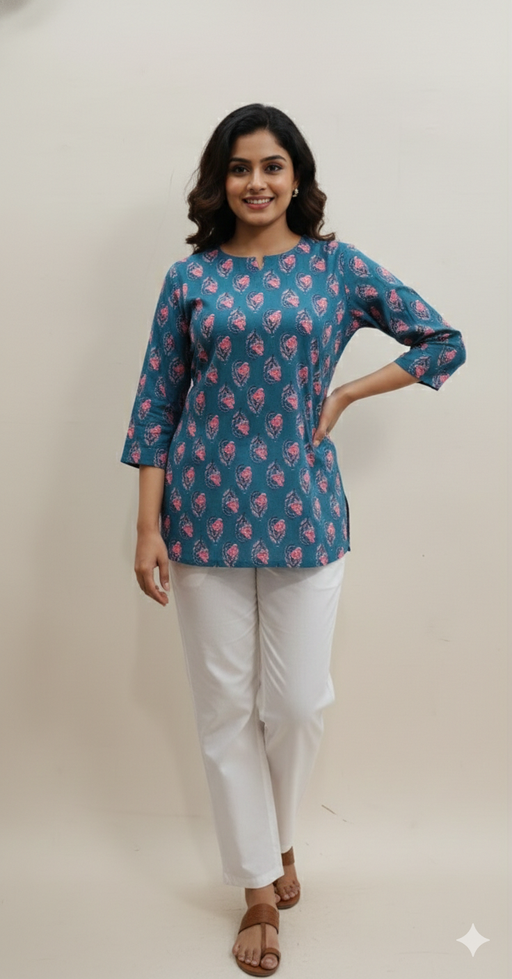 Floral Block-Print Cotton Short Kurti