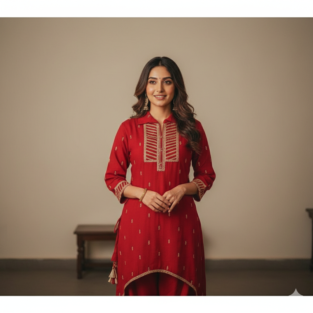 Radhya Red Slit Festive Kurta Dhoti Set 2Pc Rayon