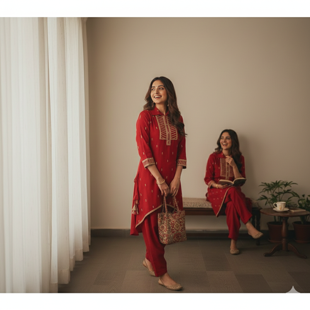 Radhya Red Slit Festive Kurta Dhoti Set 2Pc Rayon