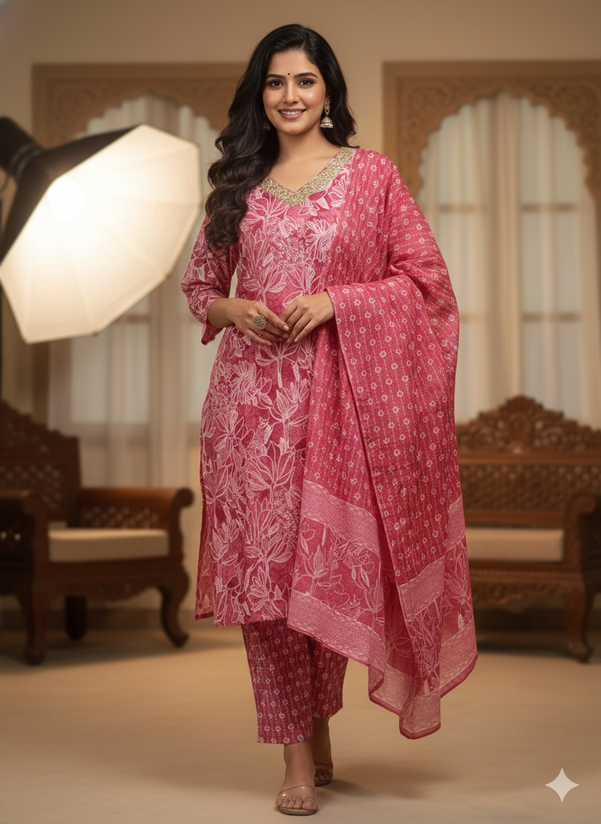 Graceful Pink Floral Handblock 3-Piece Set