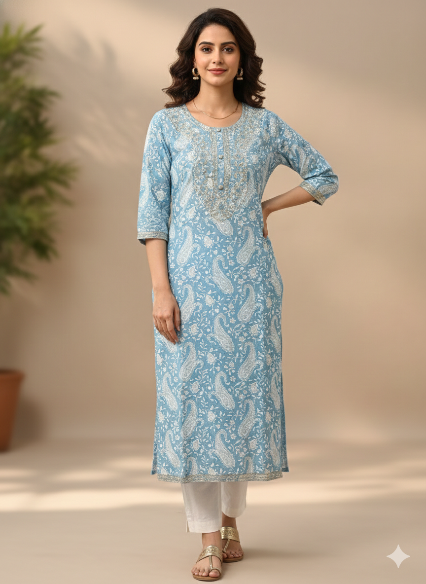 Azure Paisley Hand-Block Print Kurti
