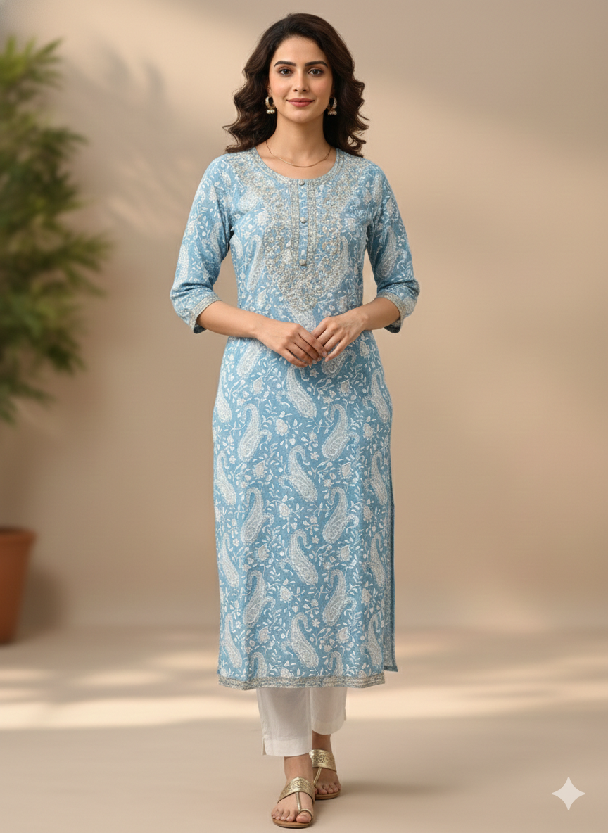 Azure Paisley Hand-Block Print Kurti