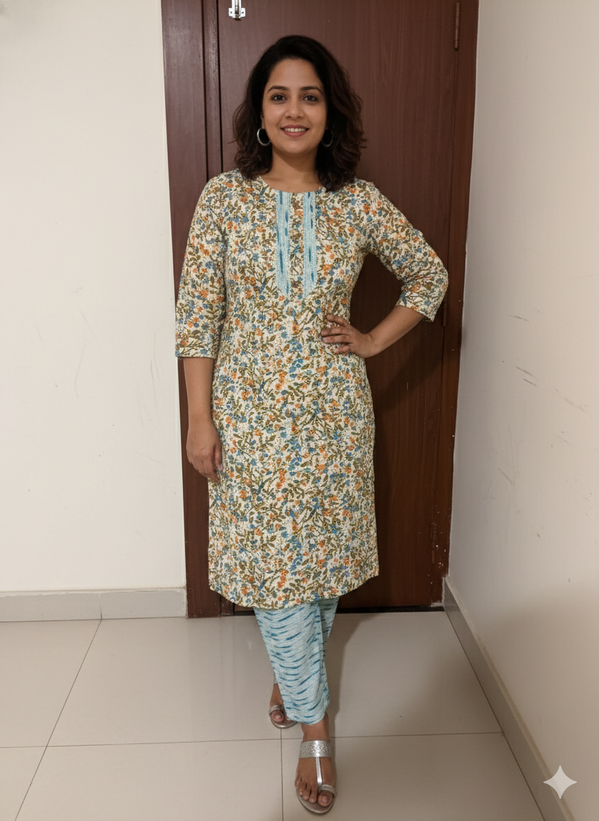 Azure Floral Handblock Cotton Set