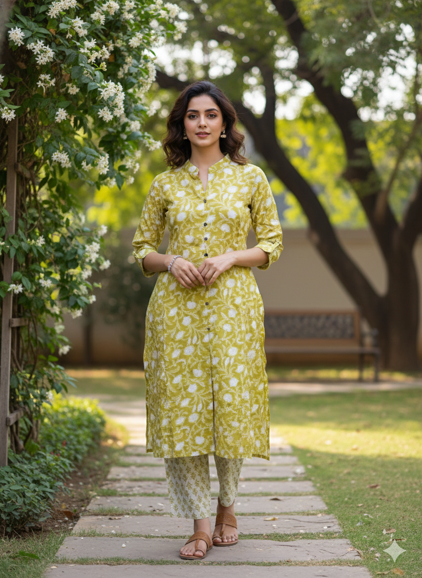 Zoya Lime Handblock Kurta Set