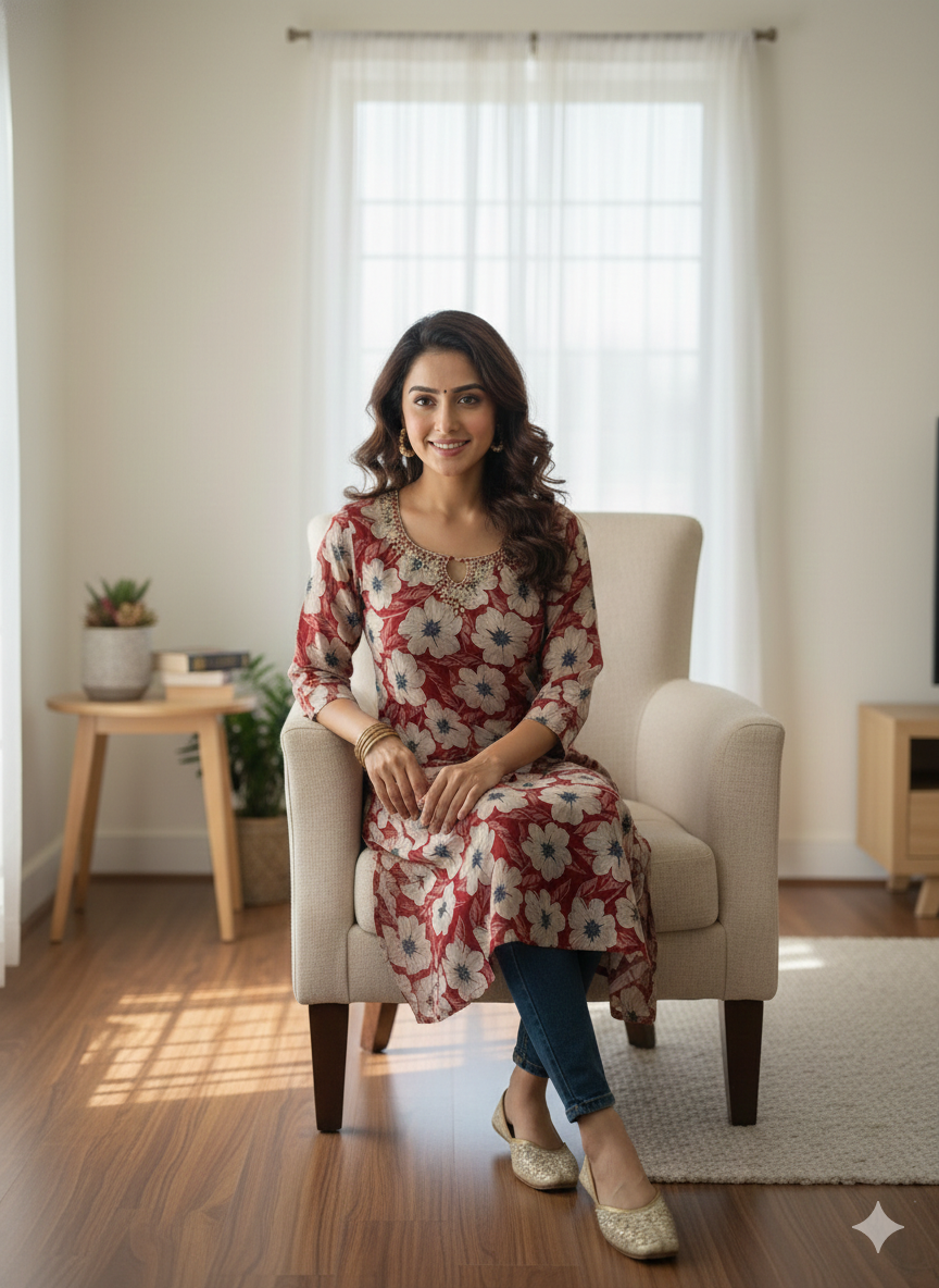 The Floral Crimson Muse Kurti