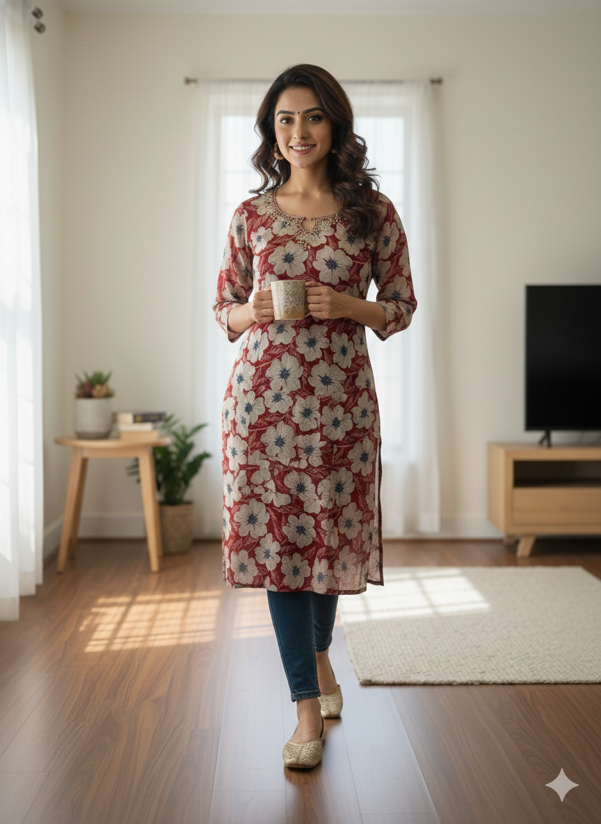 The Floral Crimson Muse Kurti