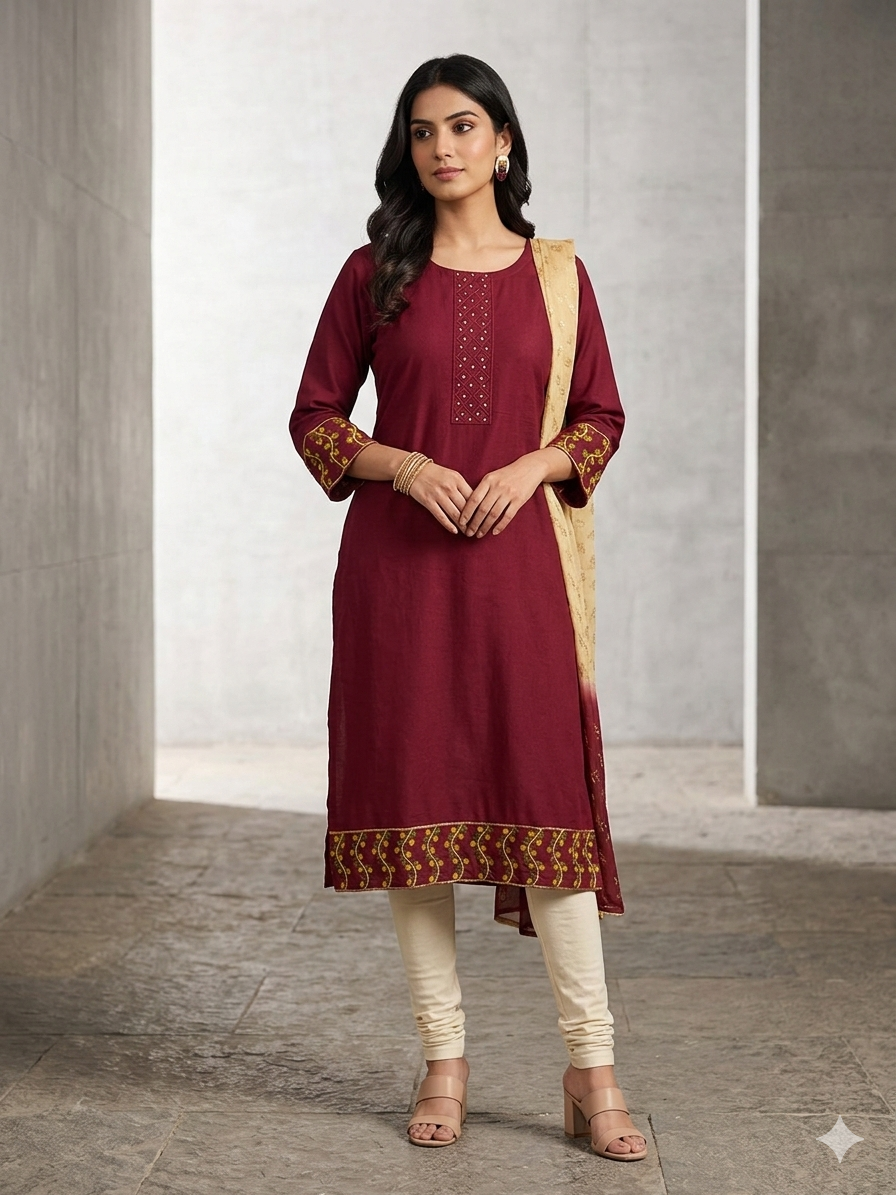 Maroon Embroidered Straight Kurti with Floral Vine Borders