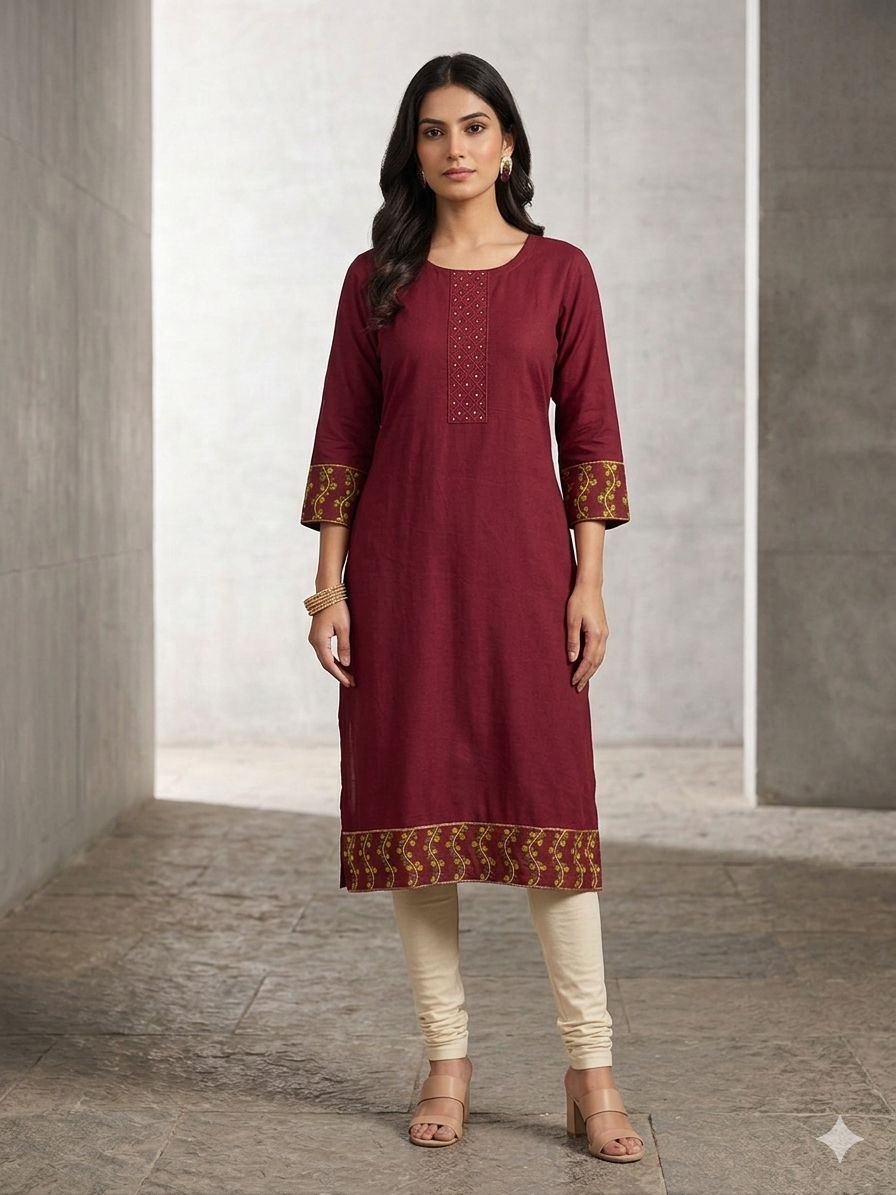 Maroon Embroidered Straight Kurti with Floral Vine Borders
