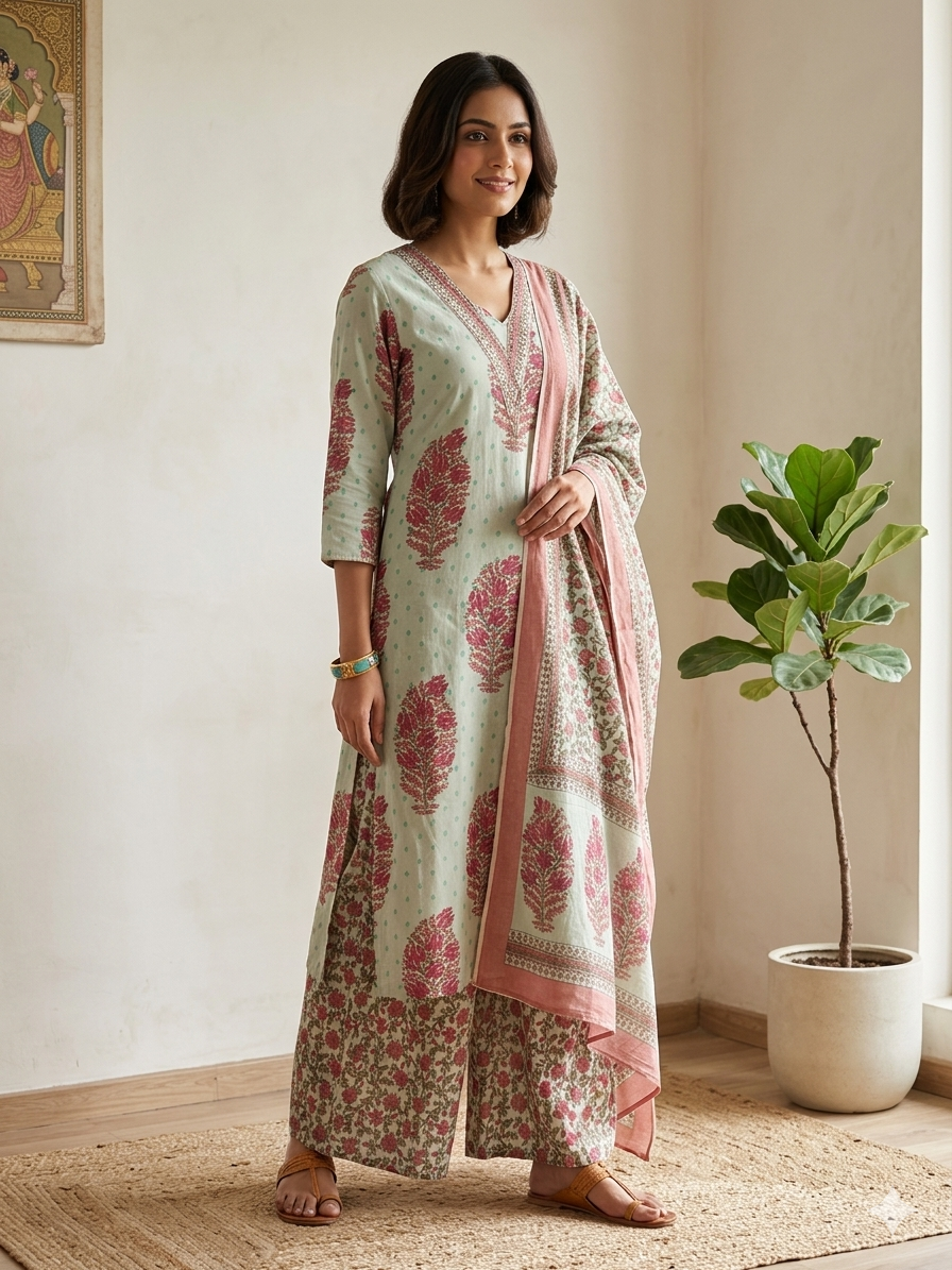 Jaipuri Handblock Printed 3-Piece Ethnic Set
