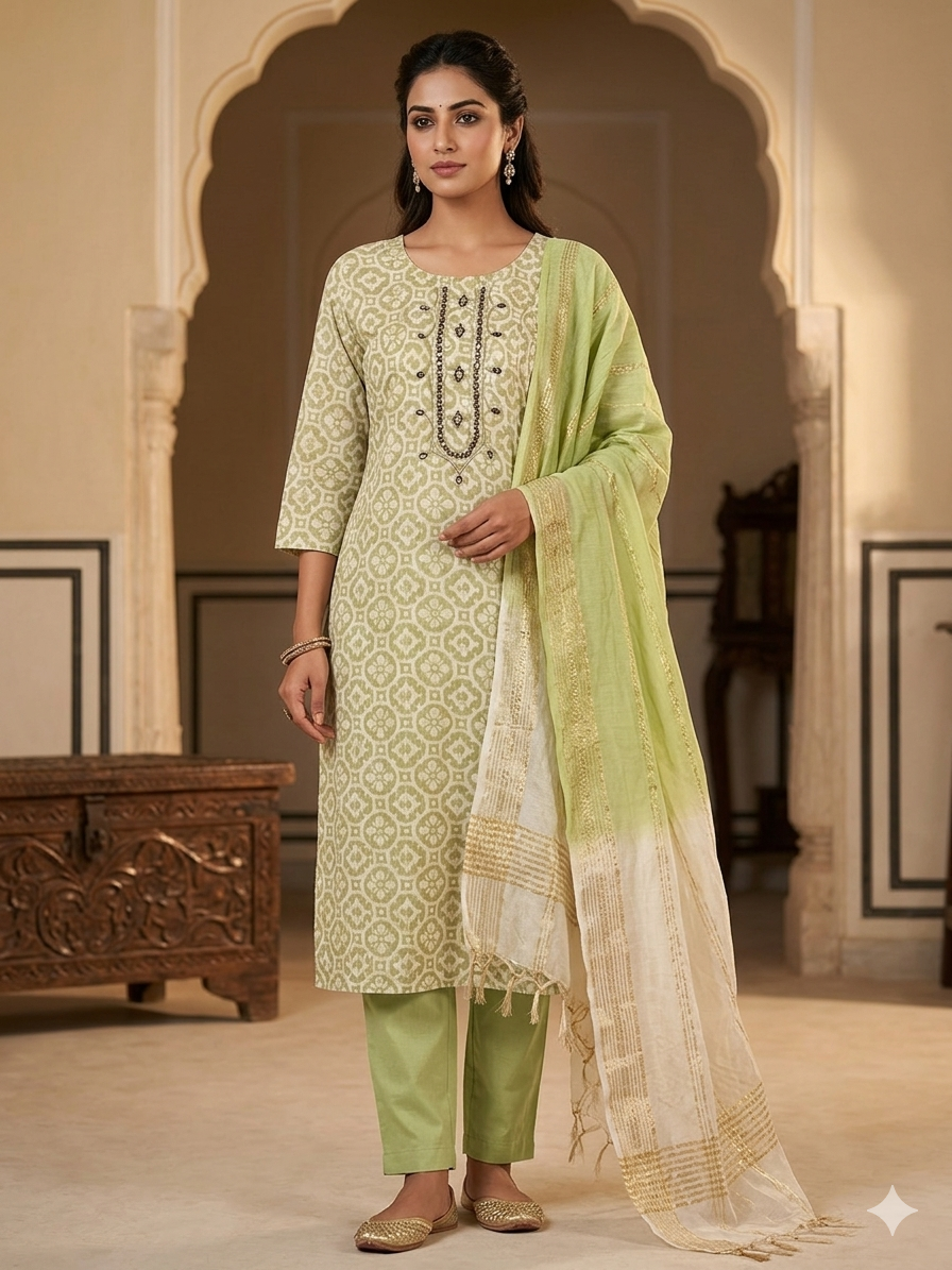 Haveli Collection: Geometric Blooms Lime 3-Piece Set