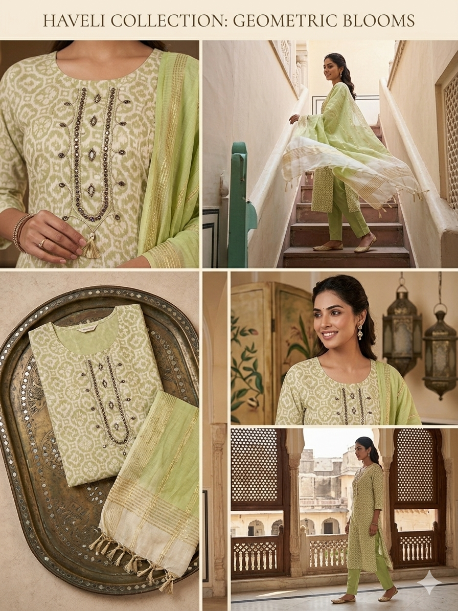 Haveli Collection: Geometric Blooms Lime 3-Piece Set