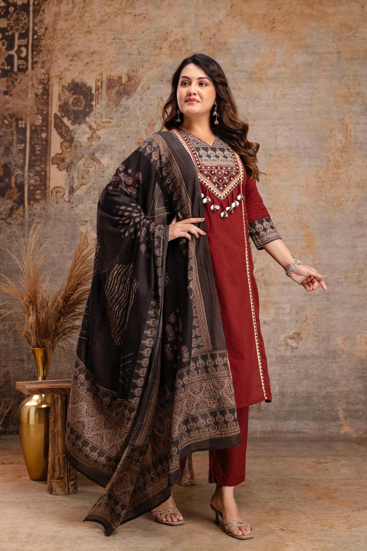 Maroon Muslin Kurta Pant Set with Printed Kota Doria Dupatta (S-3XL)