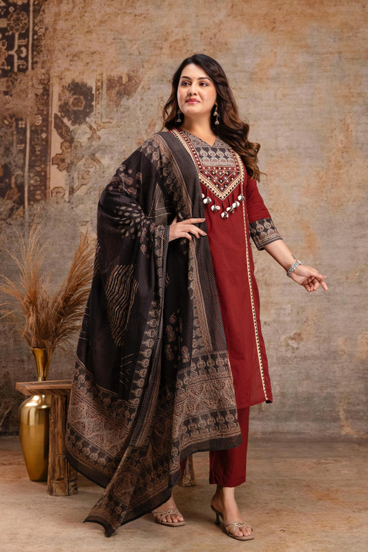 Maroon Muslin Kurta Pant Set with Printed Kota Doria Dupatta (S-3XL)