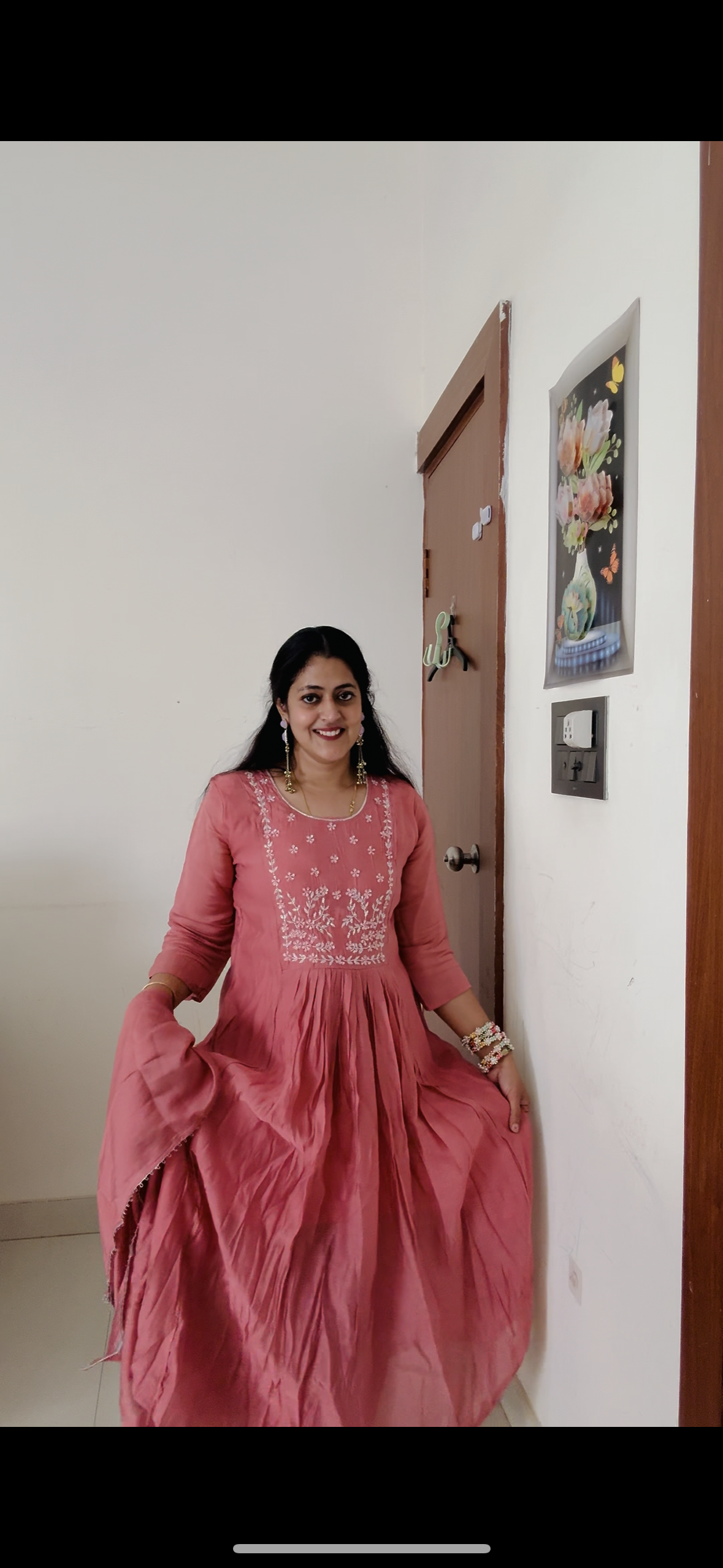 Premium Rose Pink Mul Chanderi Anarkali Set with Hand-Embroidered Yoke