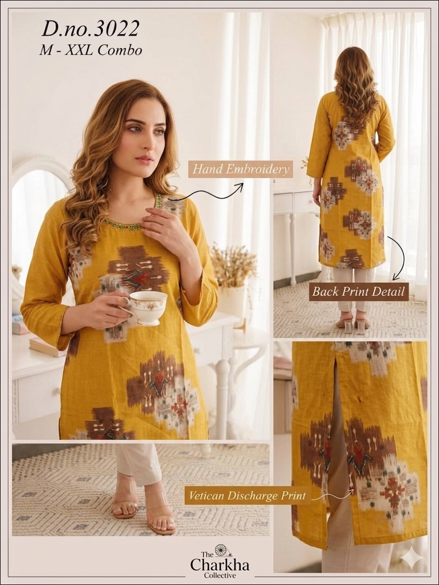 Mustard Yellow Vetican Discharge Print Kurta Set with Hand-Embroidered Neckline