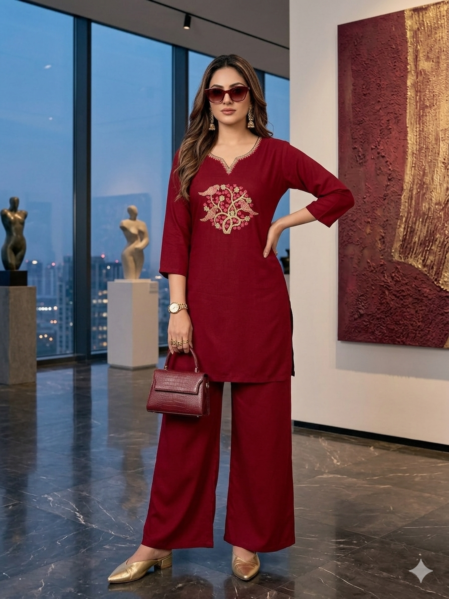 Elegant Maroon Rayon Tunic & Palazzo Co-ord Set with Intricate Bird Embroidery