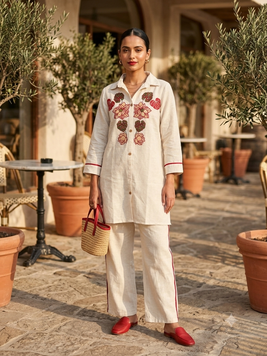 Ivory Lotus Embroidered Linen Co-ord Set | Breathable Tunic & Pant Matching Set (S-XXL)