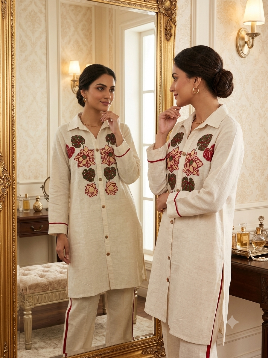 Ivory Lotus Embroidered Linen Co-ord Set | Breathable Tunic & Pant Matching Set (S-XXL)