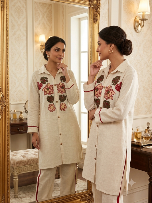Ivory Lotus Embroidered Linen Co-ord Set | Breathable Tunic & Pant Matching Set (S-XXL)