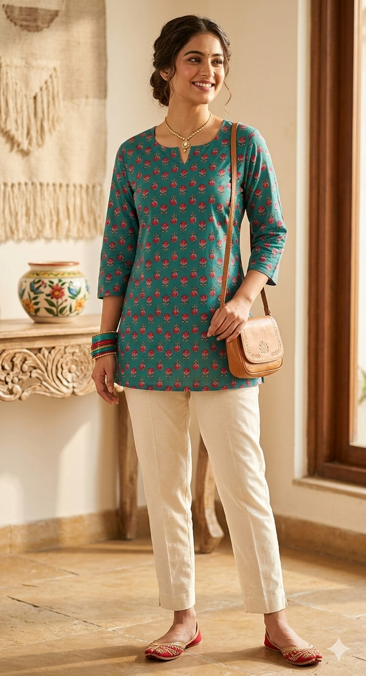 Radhya Heritage Teal Floral Cotton Short Kurti