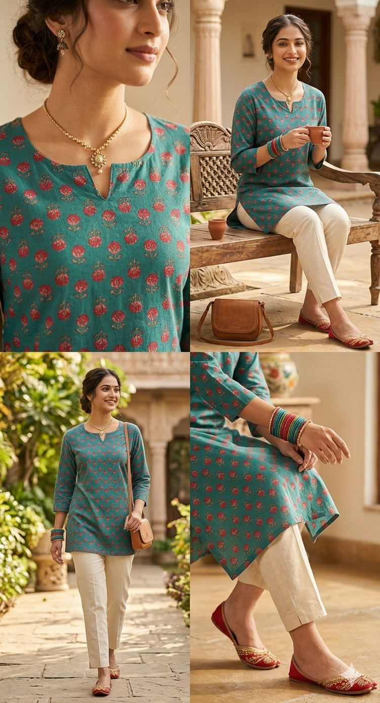 Radhya Heritage Teal Floral Cotton Short Kurti