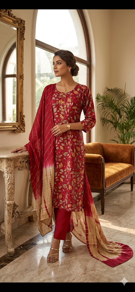 Radhya Maroon Elephant Print Modal Silk Festive Suit Set