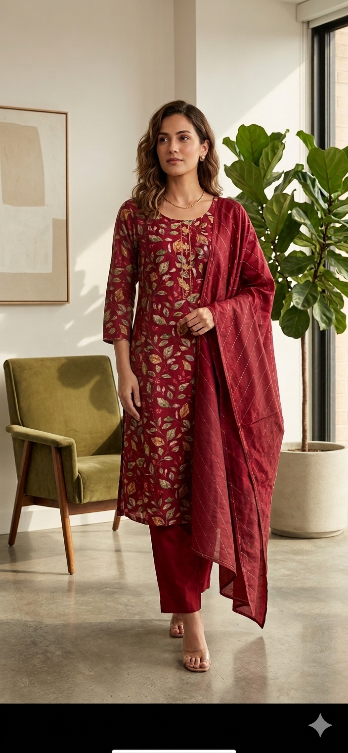 Radhya Maroon Elephant Print Modal Silk Festive Suit Set