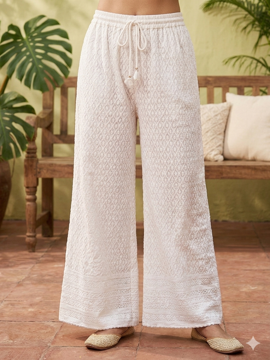Ethereal Ivory Embroidered Wide-Leg Palazzos