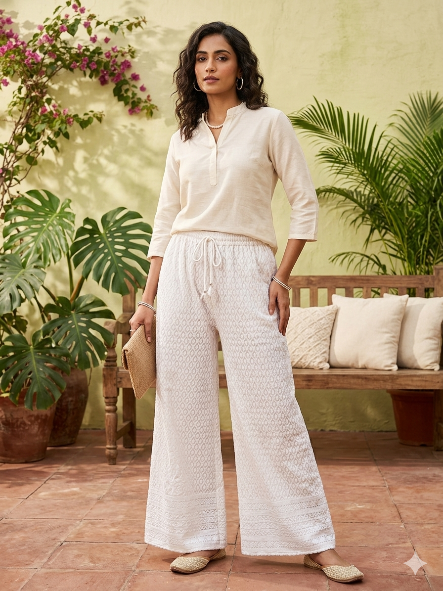 Ethereal Ivory Embroidered Wide-Leg Palazzos