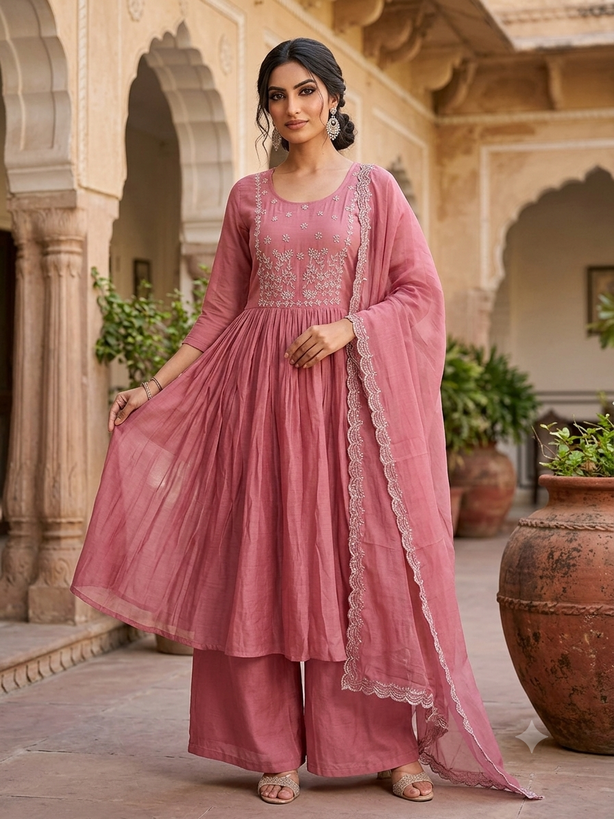 Premium Rose Pink Mul Chanderi Anarkali Set with Hand-Embroidered Yoke