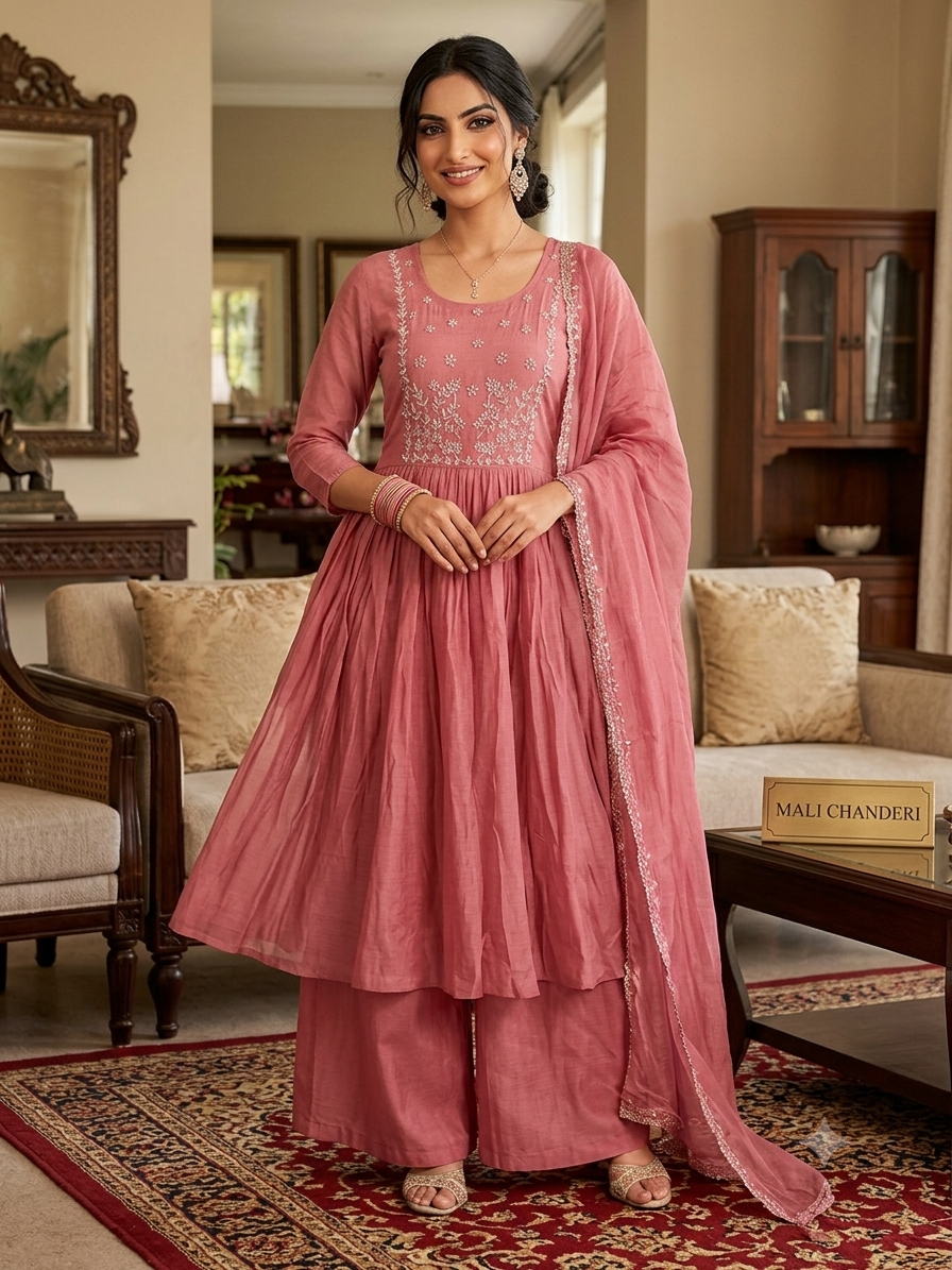 Premium Rose Pink Mul Chanderi Anarkali Set with Hand-Embroidered Yoke