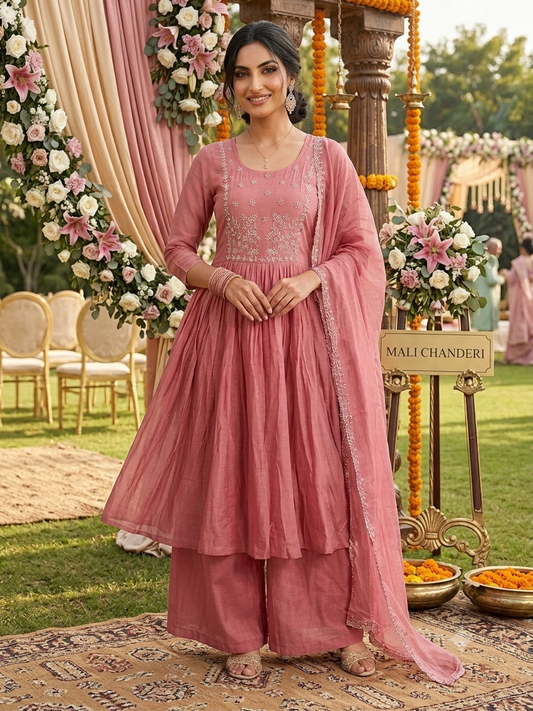 Premium Rose Pink Mul Chanderi Anarkali Set with Hand-Embroidered Yoke