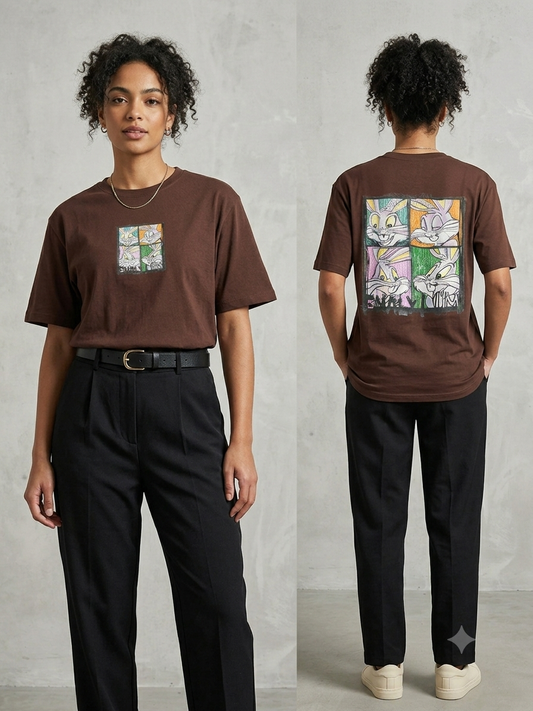 Radhya Nostalgic Bunny Graphic T-Shirt - Brown