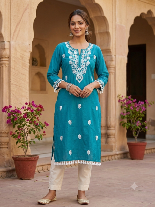 Elegant Teal Floral Embroidered Kurta with Tassel Detailing