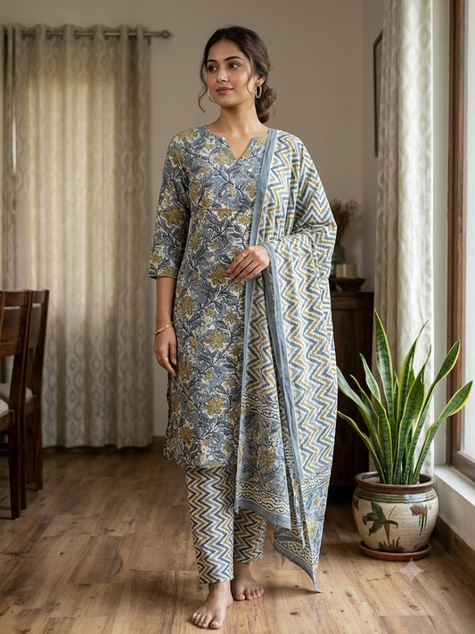 Vintage Floral Angrakha Cotton Suit Set